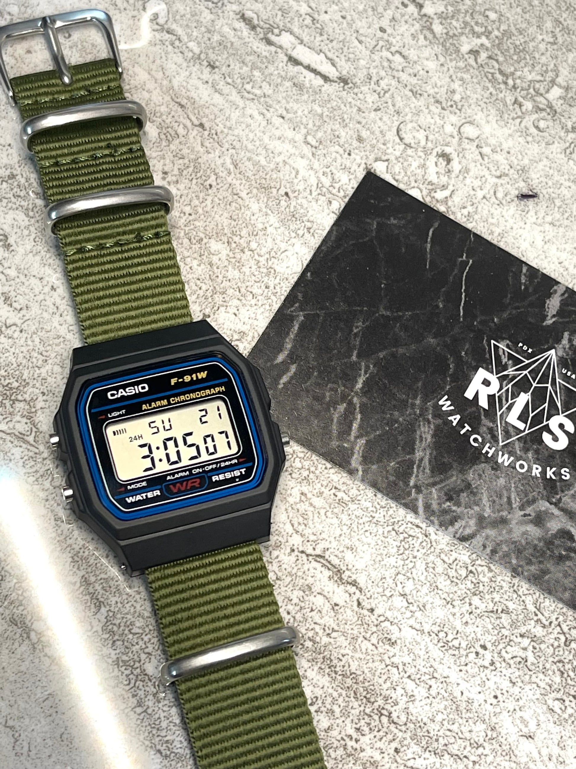 Custom Black Casio Watch on Green Strap w/ silver hardware 