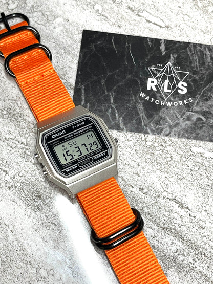 Custom Silver and black Casio Watch on Orange Strap
