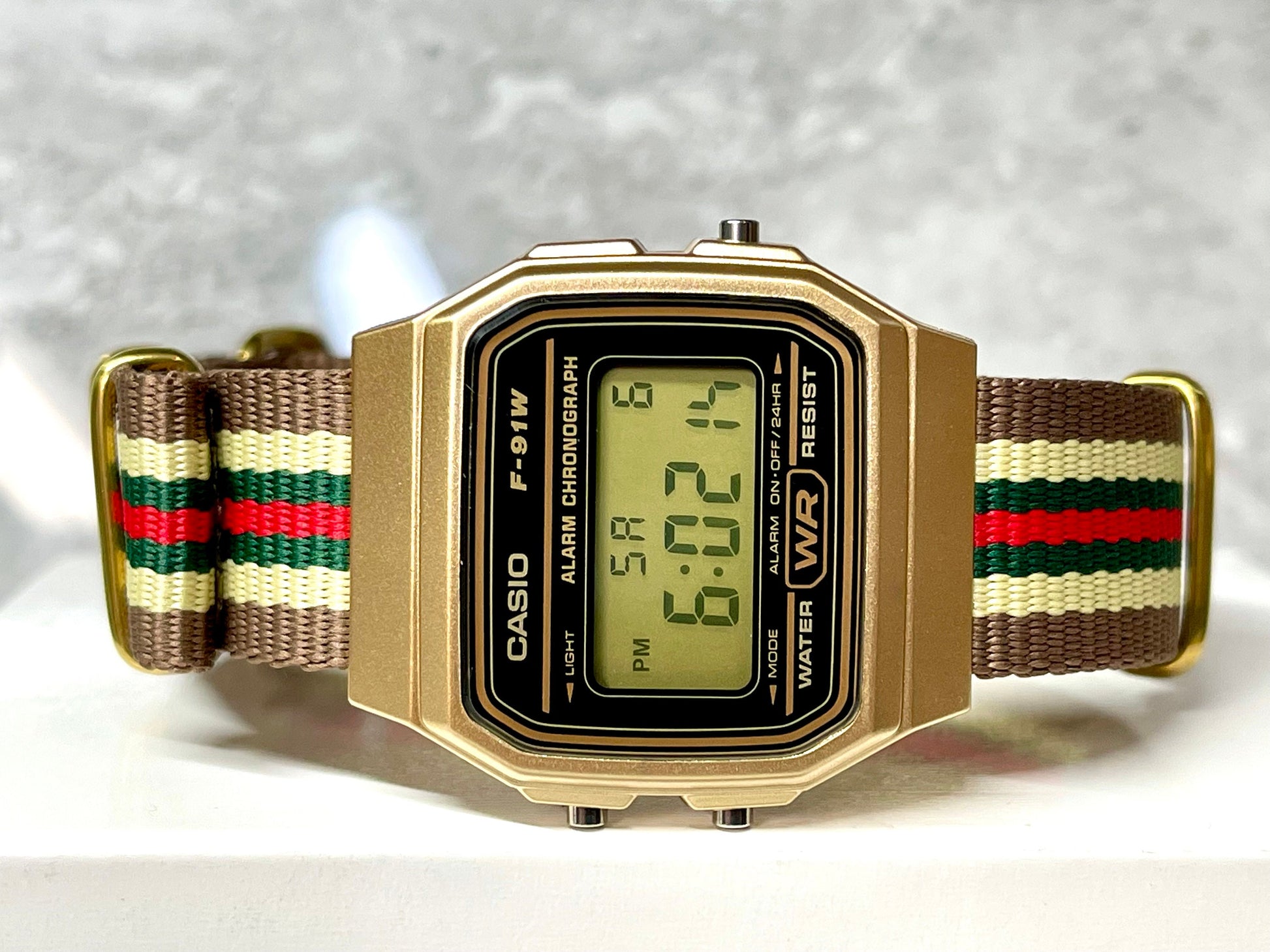 Custom Gold Casio Watch on Beige/Green/Red Strap