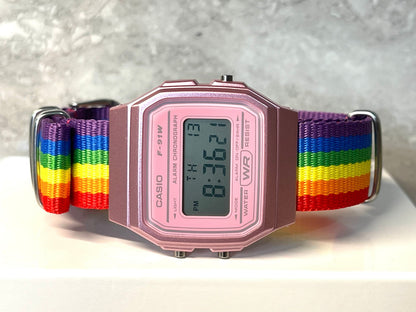 Custom Pink Casio Watch on Rainbow Strap