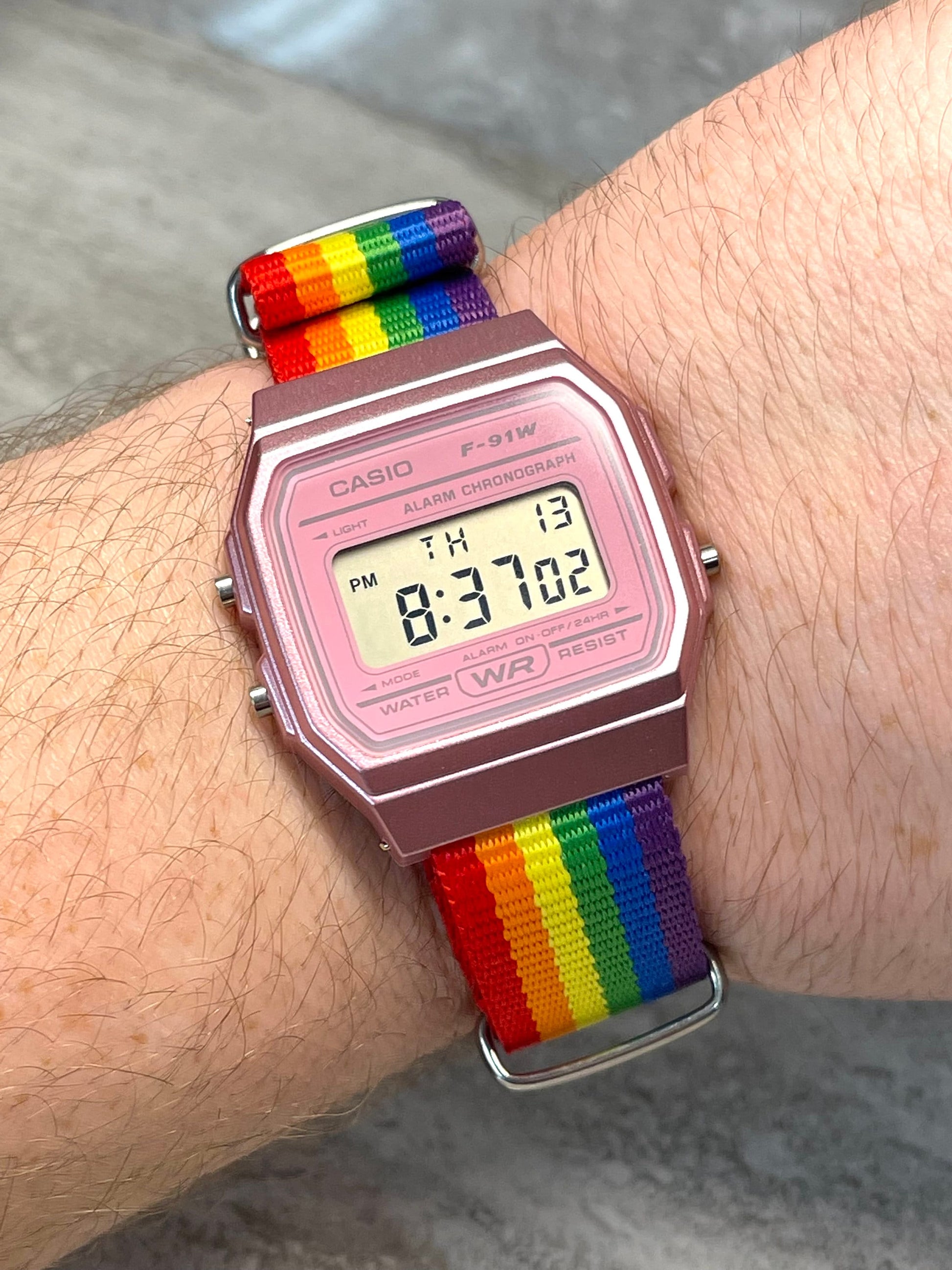 Custom Pink Casio Watch on Rainbow Strap