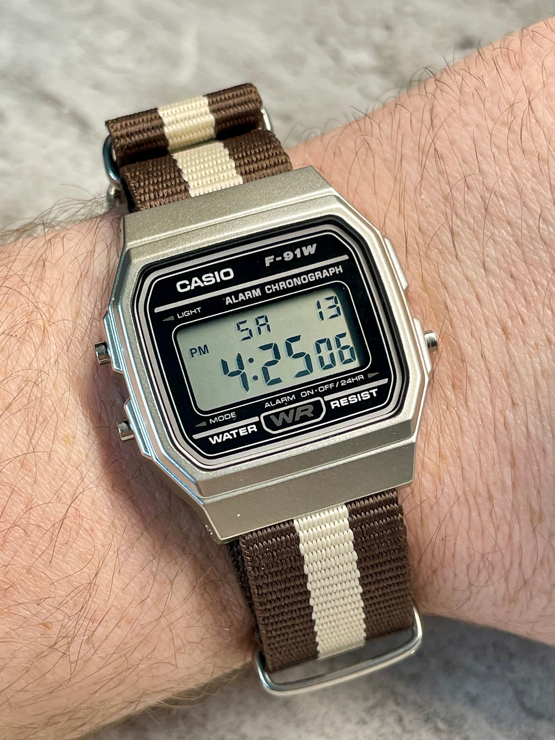 Custom Silver and black Casio Watch on Brown/Creme Strap