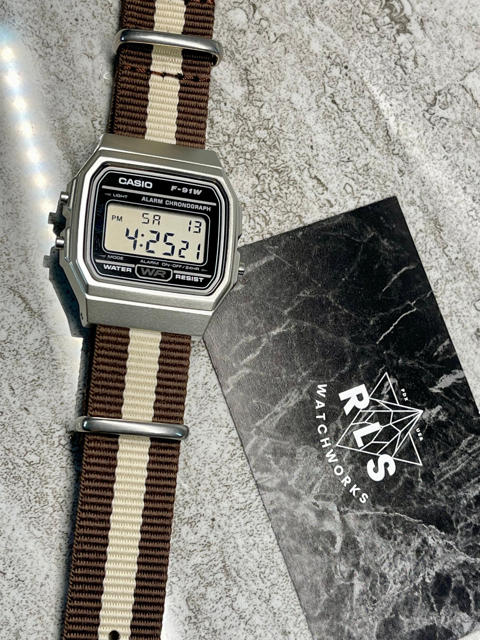 Custom Silver and black Casio Watch on Brown/Creme Strap