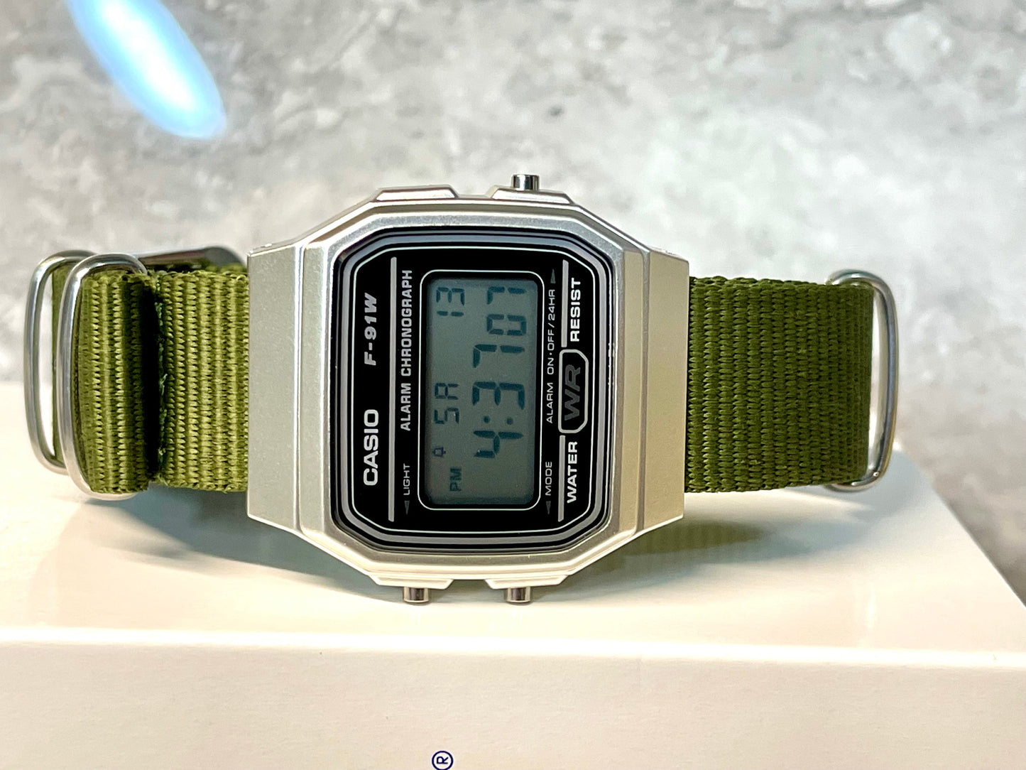 Custom Silver and black Casio Watch on Green Strap 