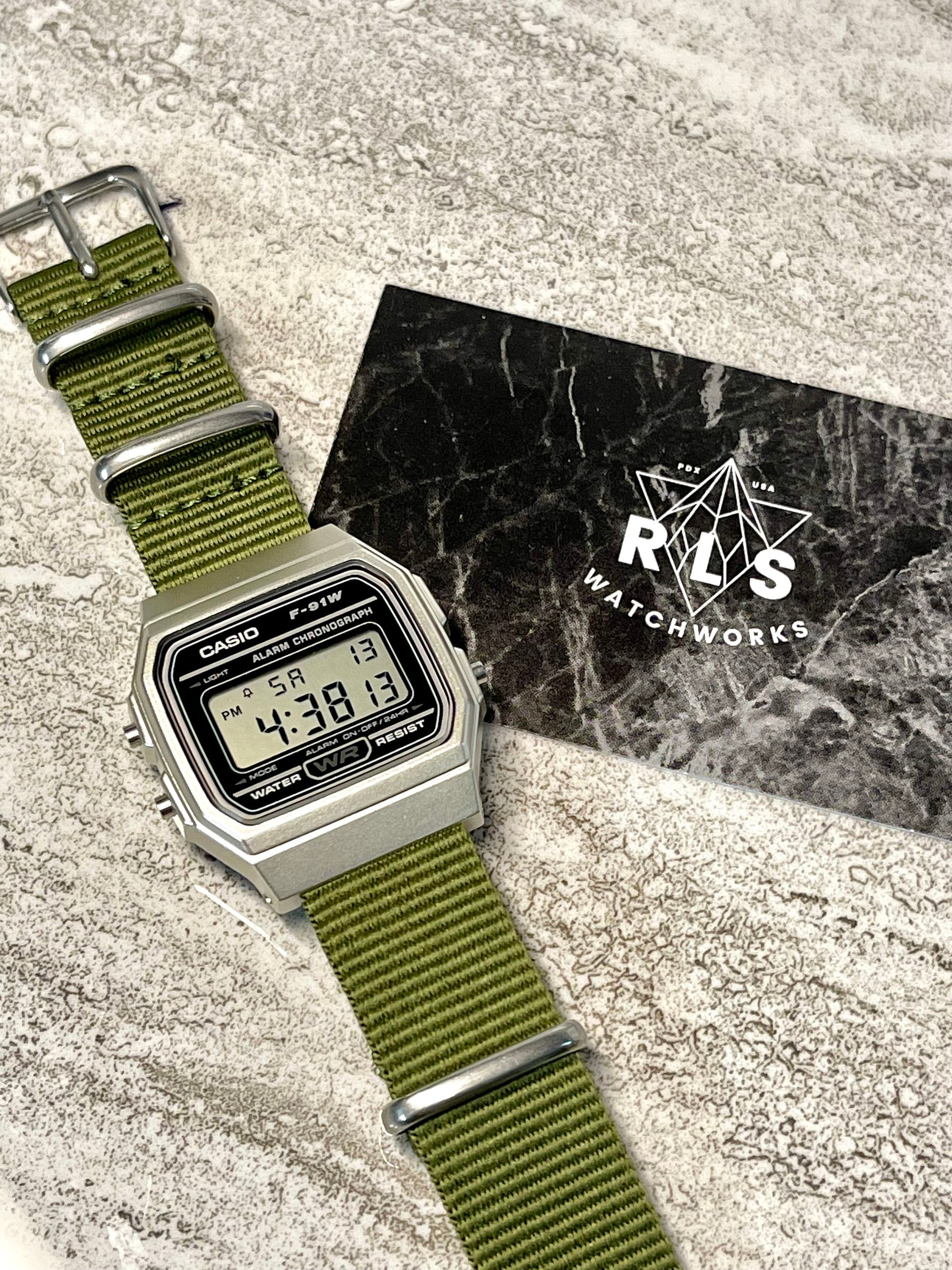 Custom Silver and black Casio Watch on Green Strap 