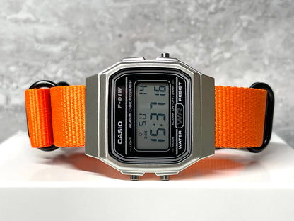 Custom Silver and black Casio Watch on Orange Strap