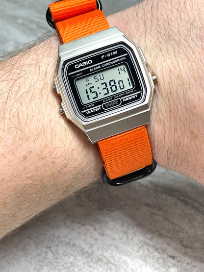 Custom Silver and black Casio Watch on Orange Strap