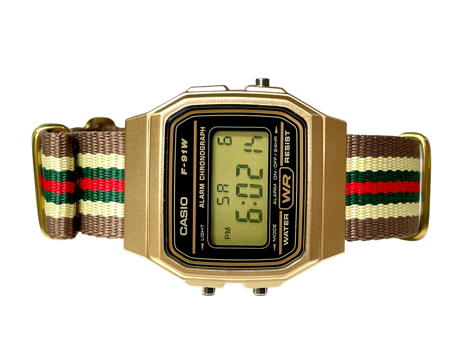 Custom Gold Casio Watch on Beige/Green/Red Strap