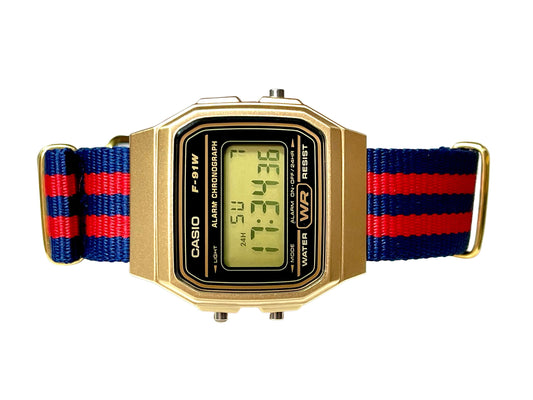 Custom Gold Casio Watch on Blue/Red Strap 