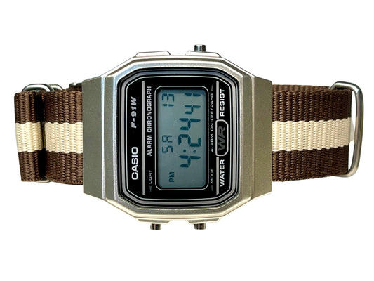 Custom Silver and black Casio Watch on Brown/Creme Strap