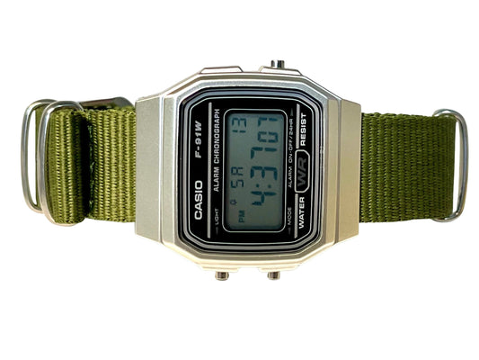 Custom Silver and black Casio Watch on Green Strap 