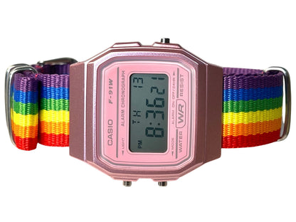Custom Pink Casio Watch on Rainbow Strap