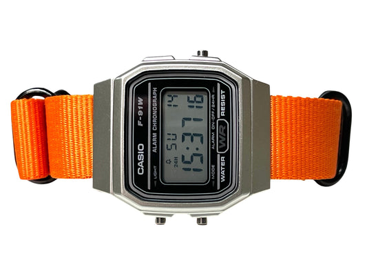 Custom Silver and black Casio Watch on Orange Strap