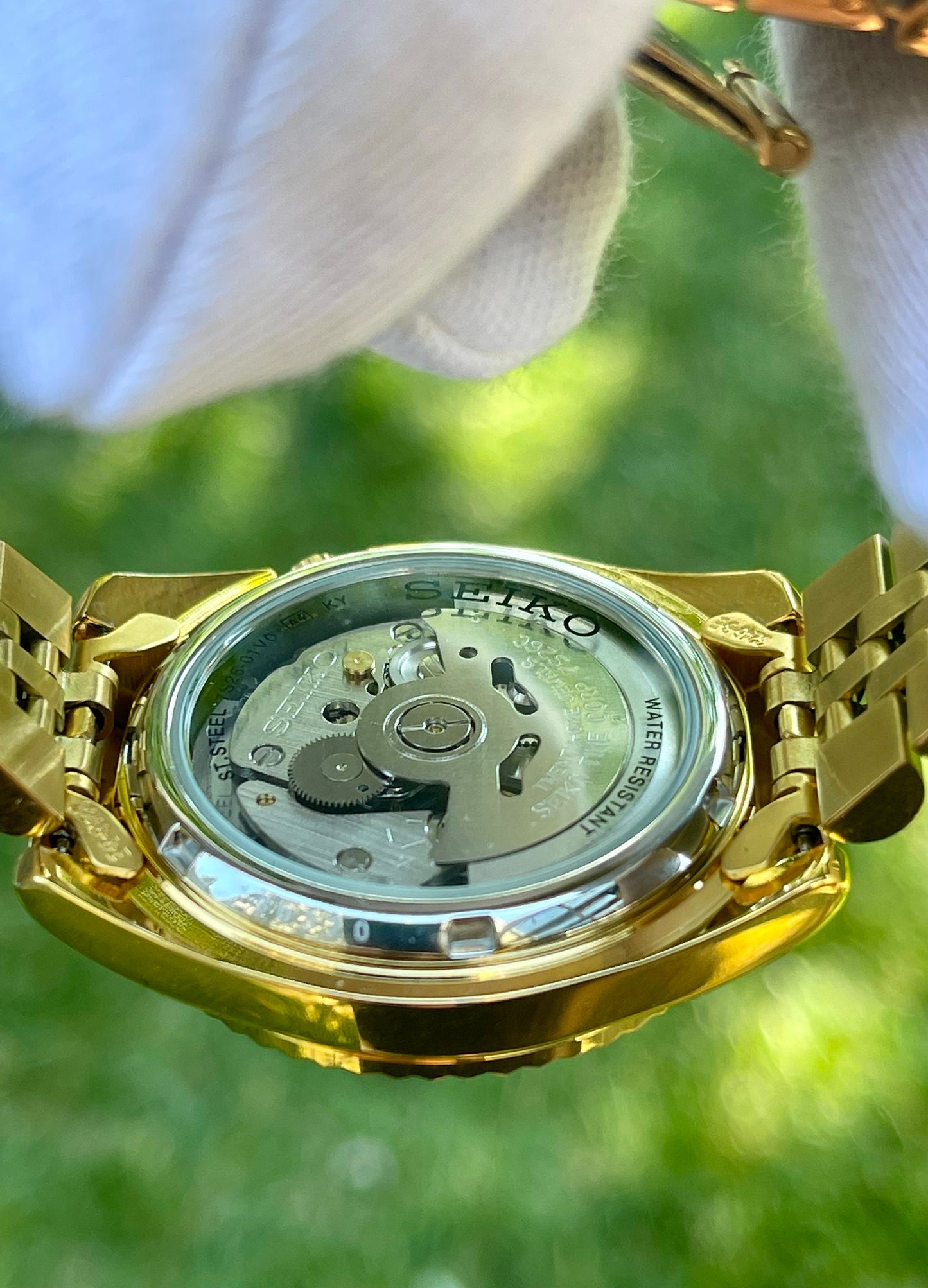 The "GOLD SEIKJUST" Genuine Seiko SNK w/ Gold dial Modified - Datejust style with Sapphire crystal, Fluted Bezel, and Jubilee Bracelet