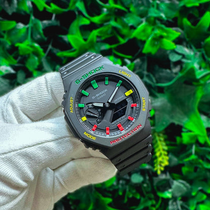 G-Shock CasiOak "Rasta" - Red/Green/Yellow Hand Painted Genuine Casio GA2100 - Carbon Core Protection - Optional Sapphire Crystal