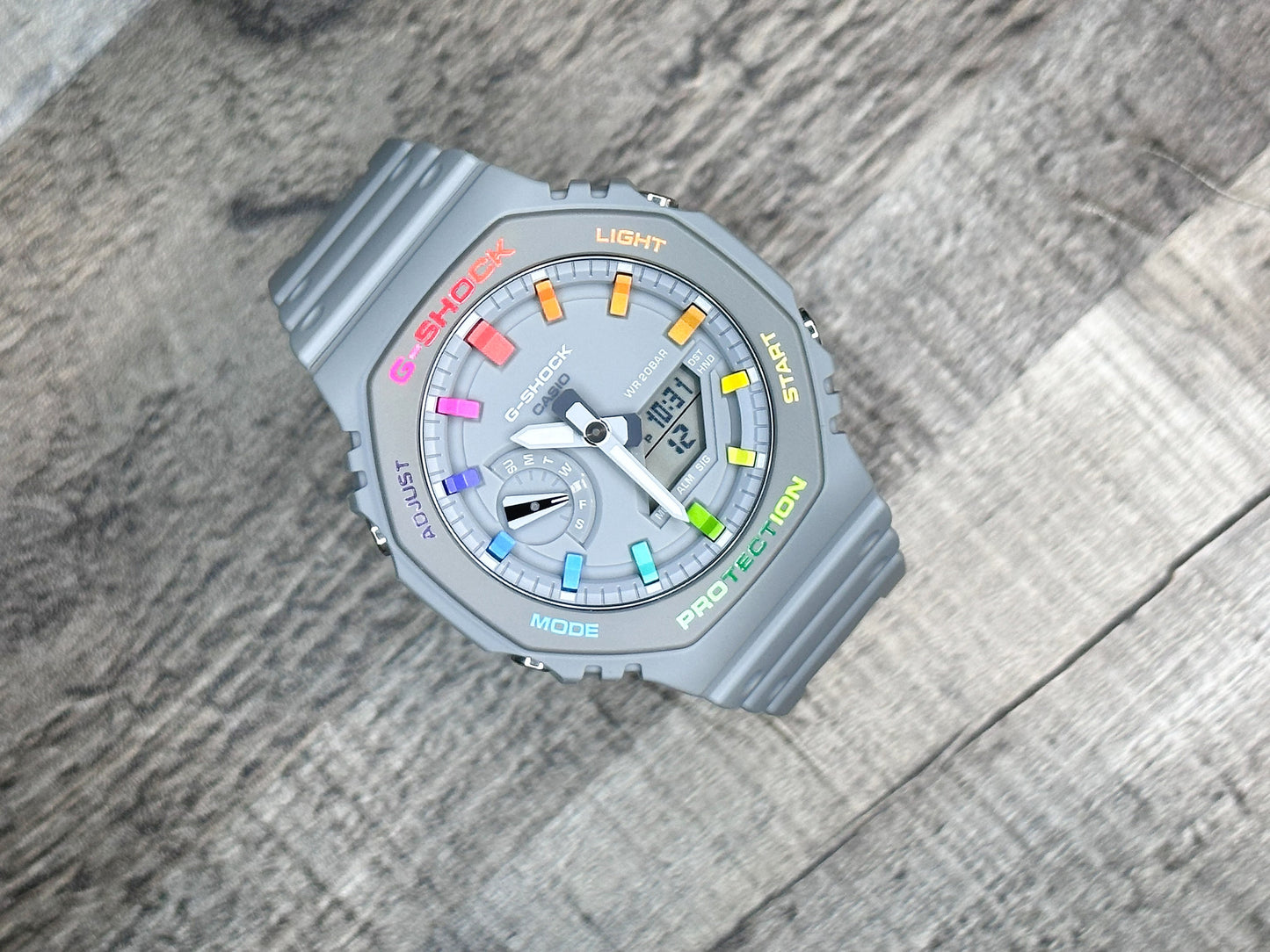 G-Shock CasiOak "Rainbow Grey" - Grey/Rainbow Hand Painted Genuine Casio GA2100 - Carbon Core Protection - Optional Sapphire Crystal