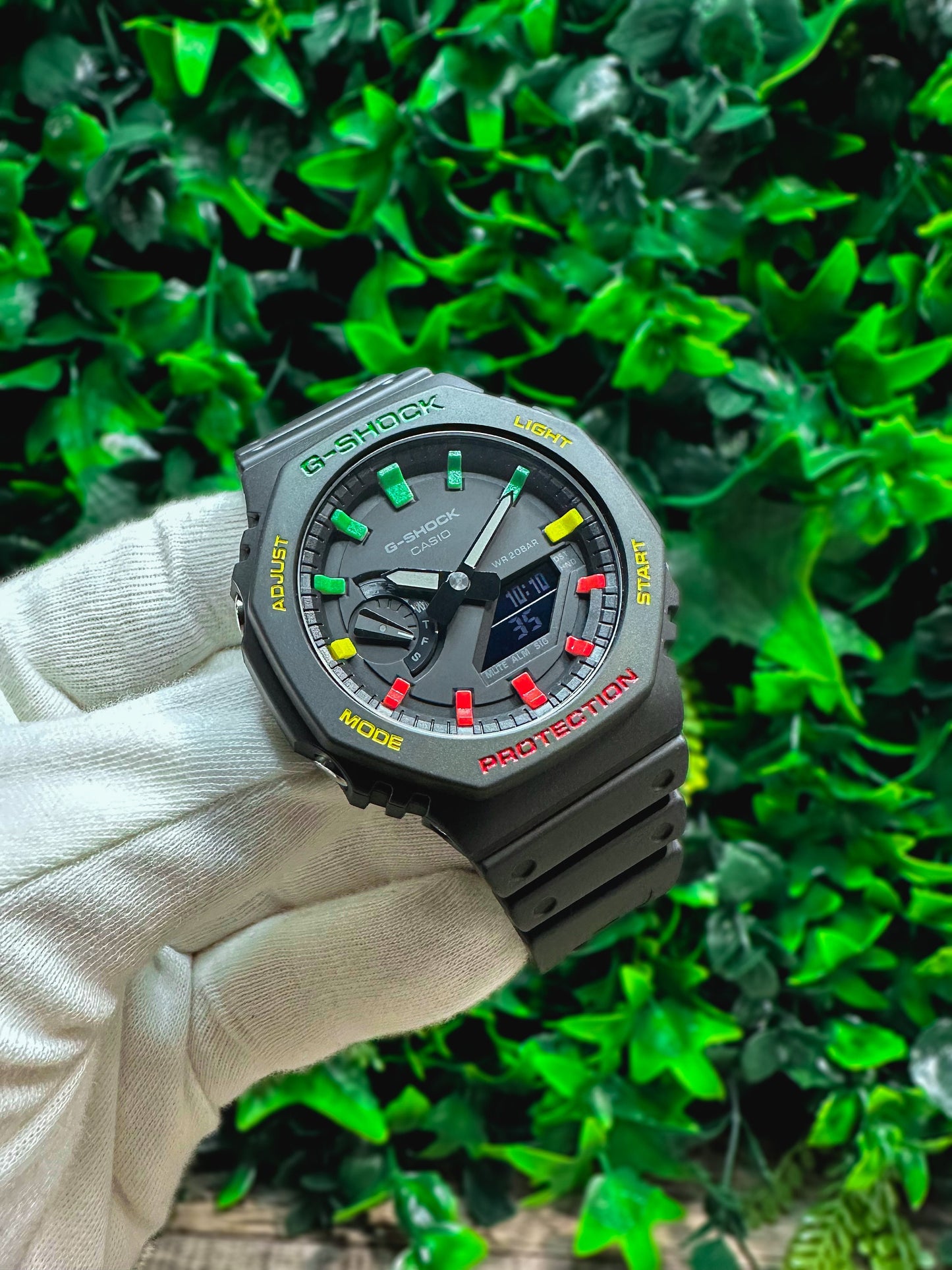 G-Shock CasiOak "Rasta" - Red/Green/Yellow Hand Painted Genuine Casio GA2100 - Carbon Core Protection - Optional Sapphire Crystal