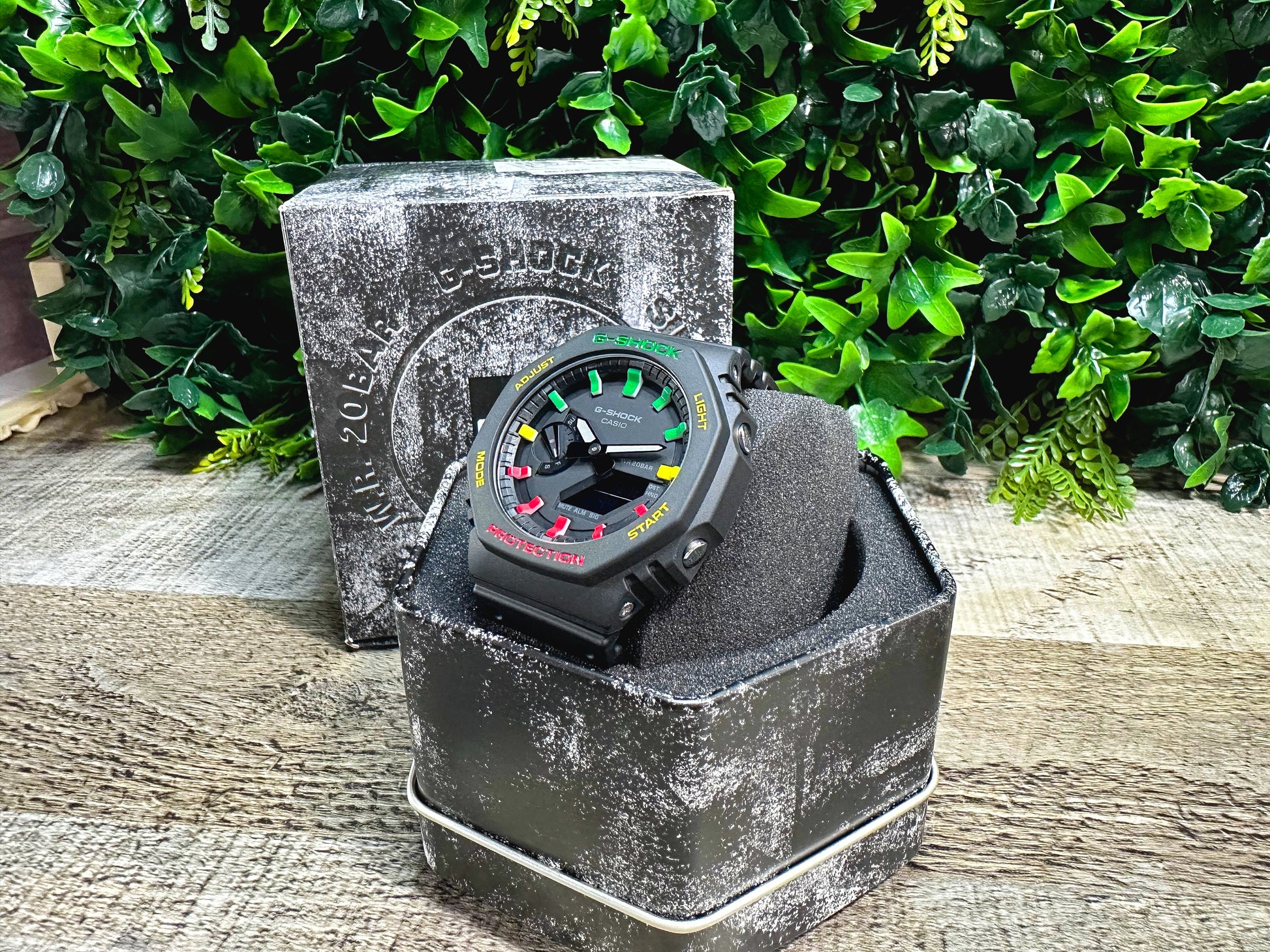 G-Shock CasiOak "Rasta" - Red/Green/Yellow Hand Painted Genuine Casio GA2100 - Carbon Core Protection - Optional Sapphire Crystal