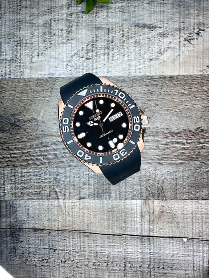 42mm "ROSE GOLD YACHT" Genuine Seiko 5KX Srpd Modified Sub Style w/ Sapphire Crystal, Ceramic Bezel Insert & Rubber Strap